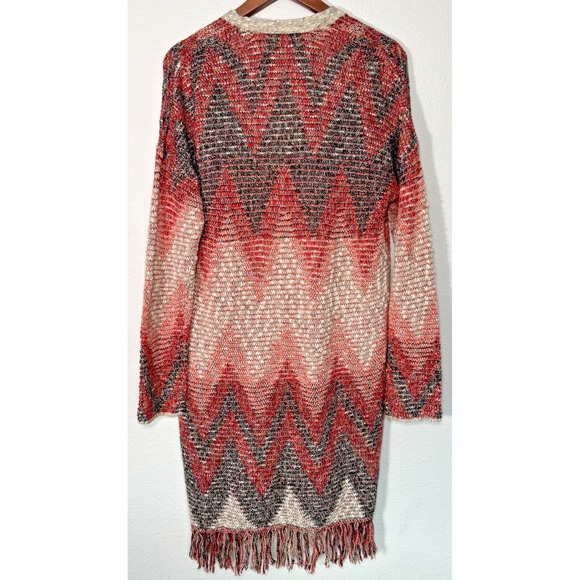 Lucky Brand Aztec print long open Fringe Cardigan Sweater Cozy Medium - Picture 2 of 9
